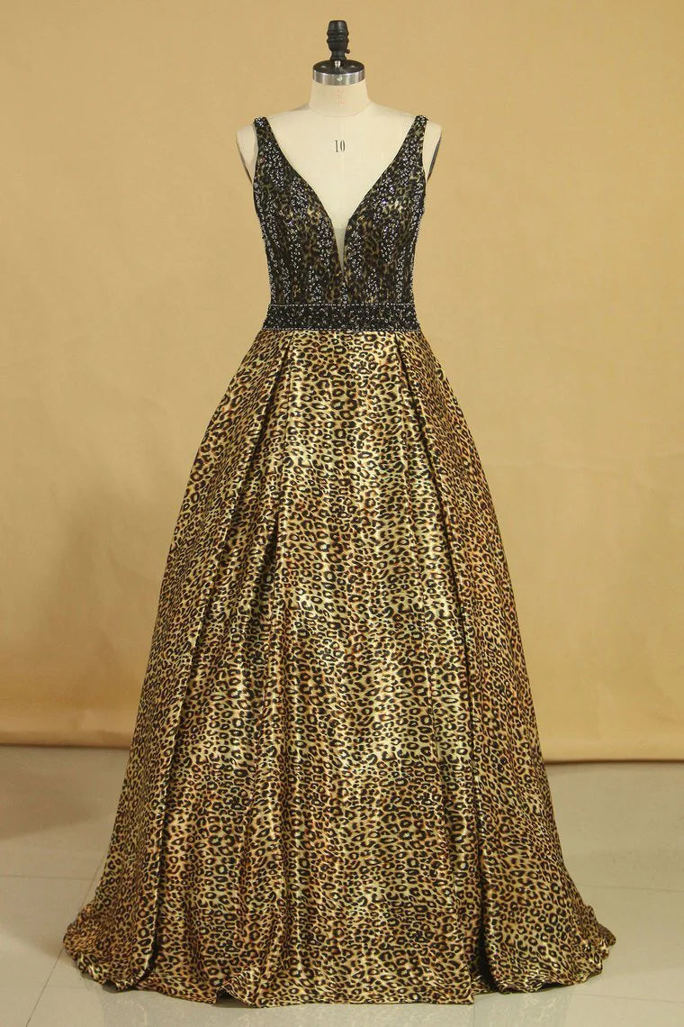 Animal Print V Neck Beaded Bodice A Line Party Dresses